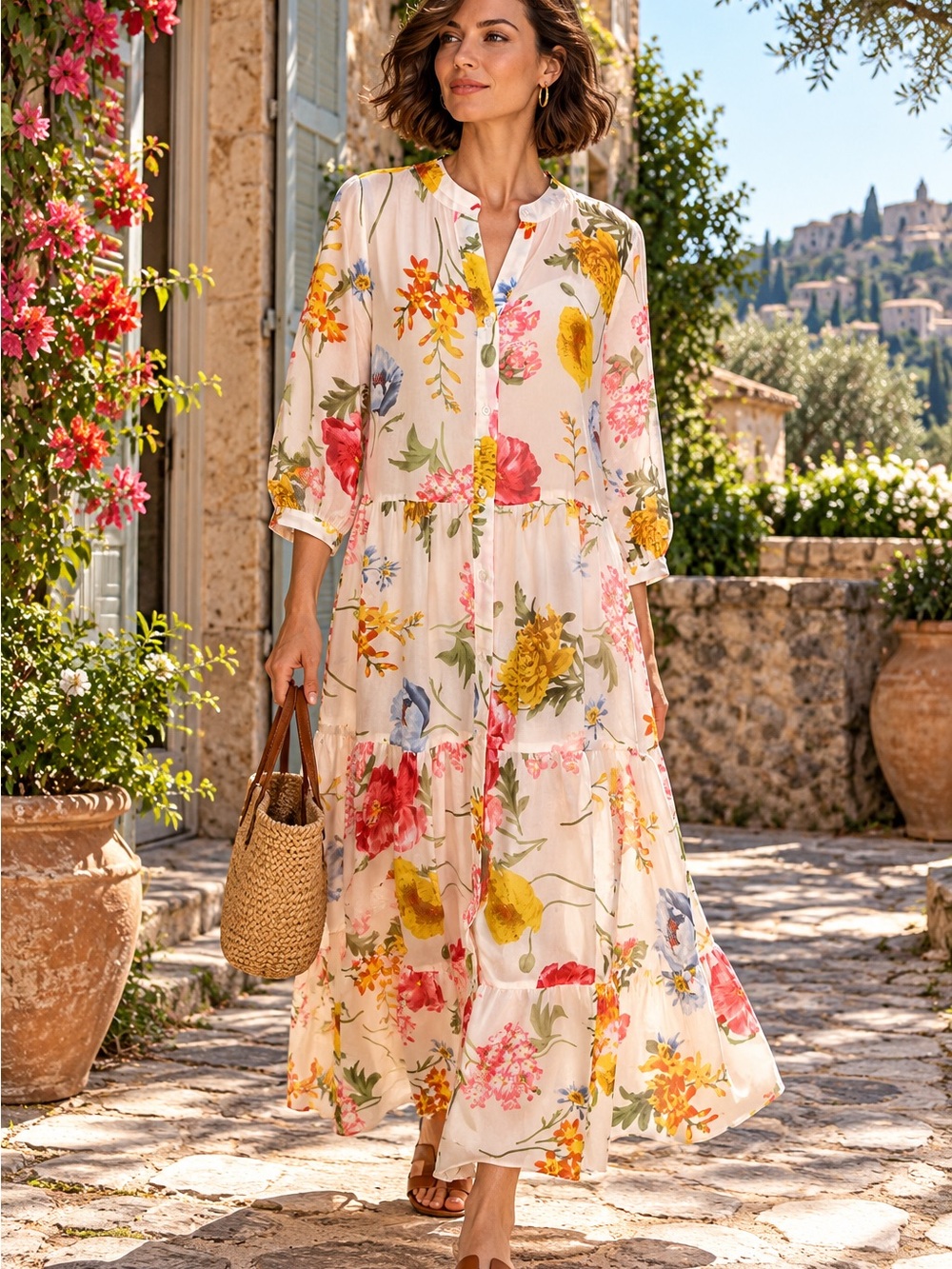 DANIEL HECHTER PARIS Resortwear Sheer Floral Tiered Maxi Dress, US 6/FR 38